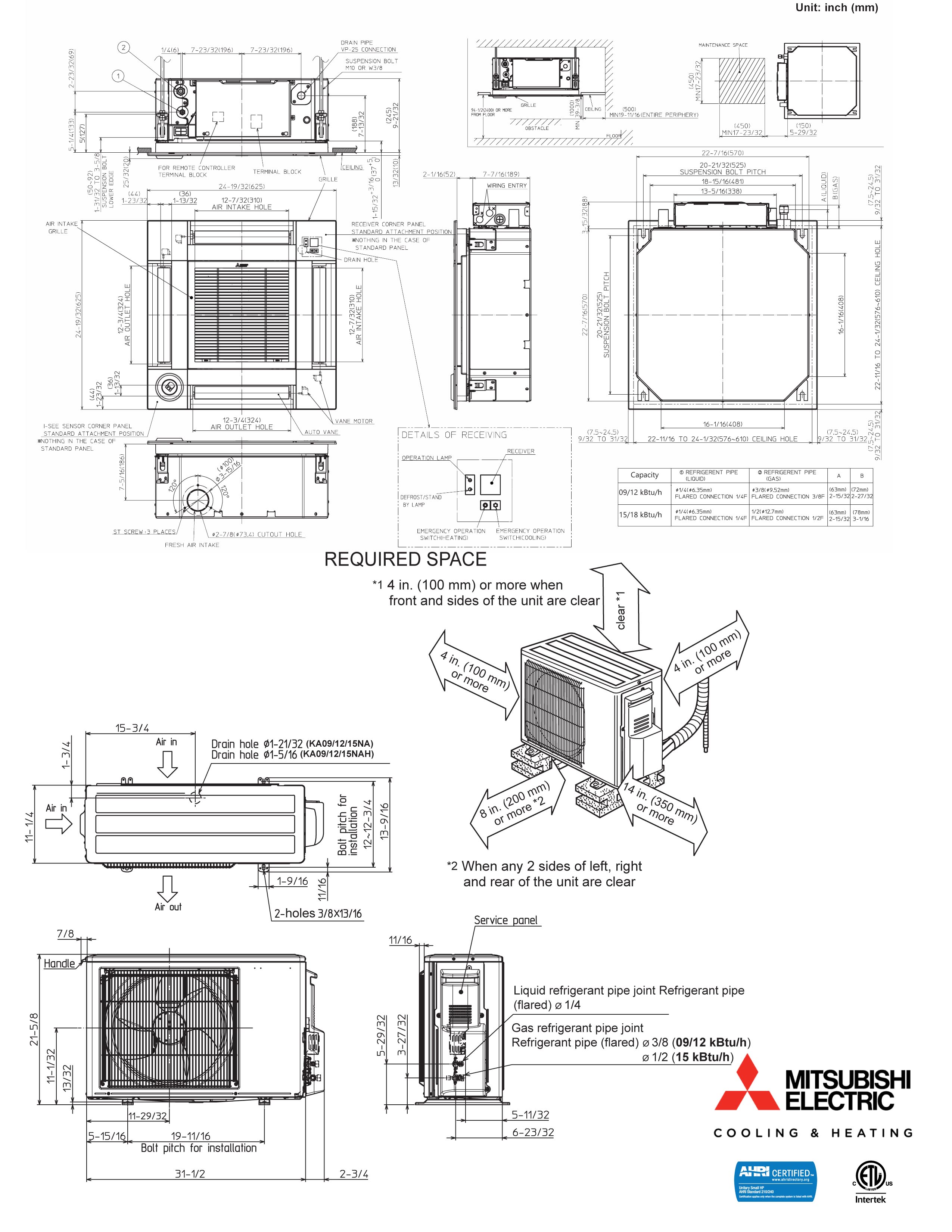 Mini Split 12,000 BTU Mitsubishi 22 SEER Ceiling Cassette Heat Pump System SUZ-KA12NA2, SLZ-KF12NA